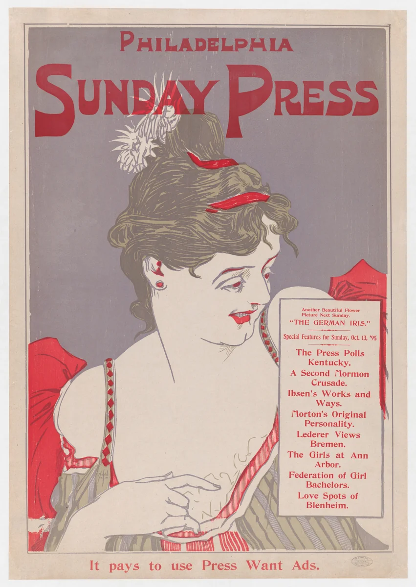 Advertisement for Philadelphia Sunday Press, Oct. 13, 1895 by George Reiter Brill, print, 1890-1900