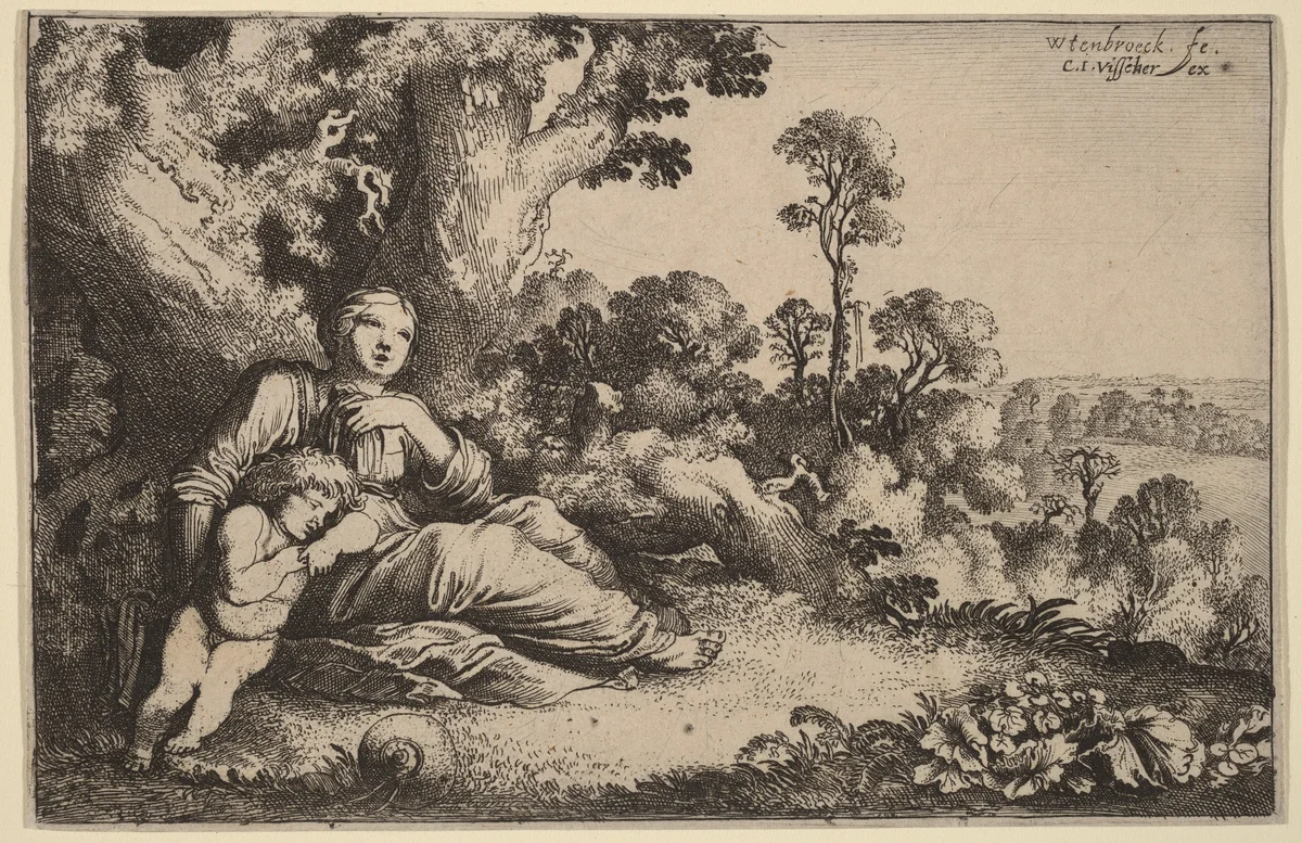 Hagar in the Desert by Moyses van Uyttenbroeck; Claes Jansz Visscher, print, 1590-1648