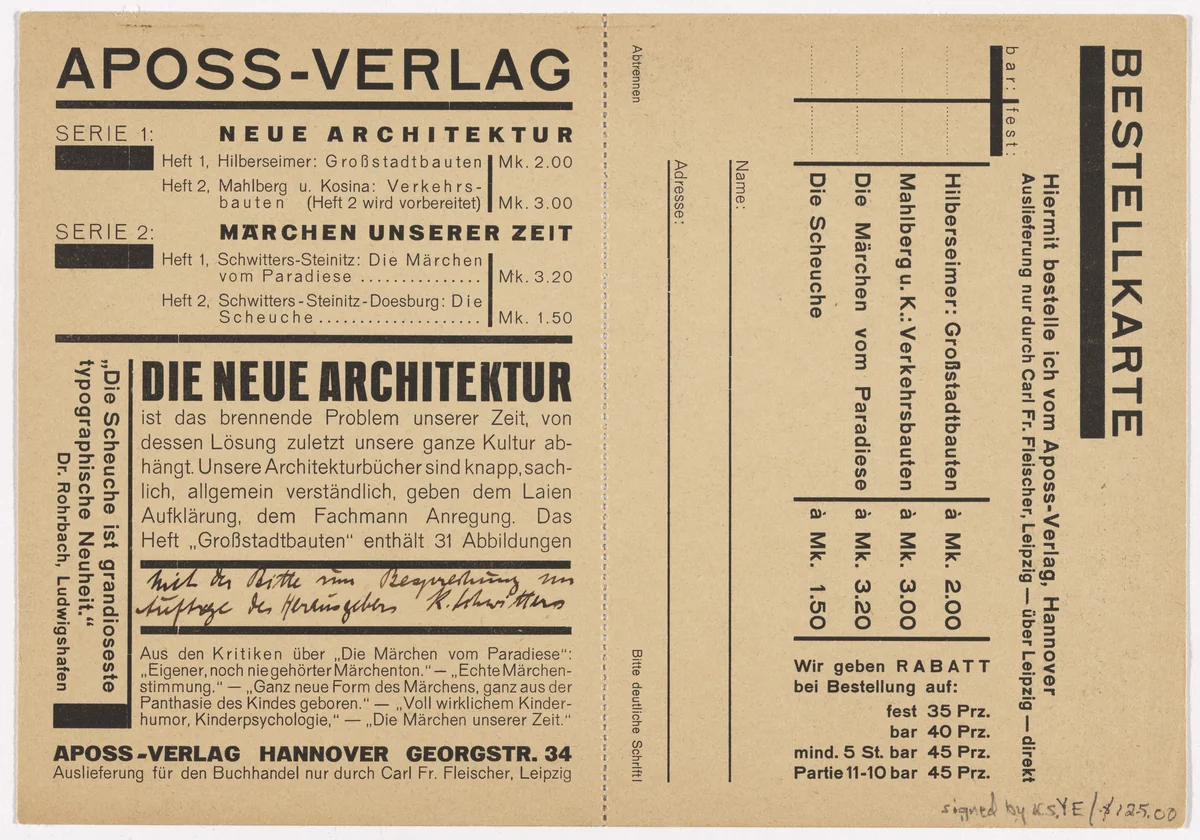 Order card for publications of the Aposs-Verlag from the New Architecture (Neue Architektur) series and Fairy Tales of Our Time (Märchen unserer Zeit) by Kurt Schwitters, design, 1925