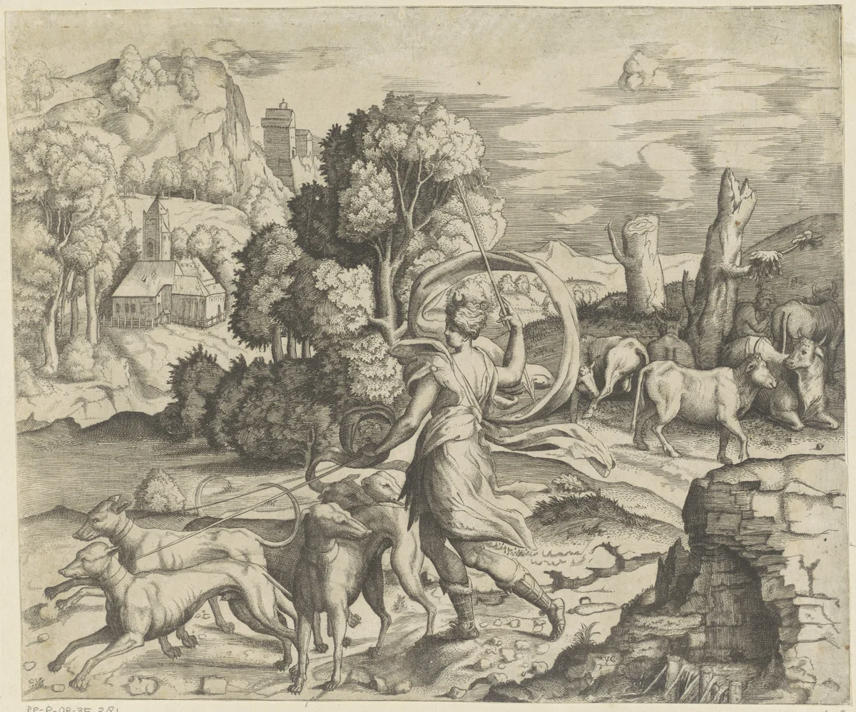 Diana op jacht by Giulio Bonasone, print, 1501-1580