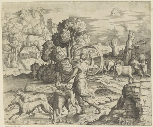 Diana op jacht by Giulio Bonasone, print, 1501-1580