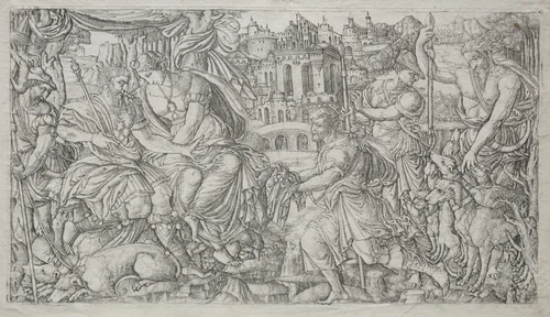 Huntsman Presenting a Gift to a King by Jean Duvet, print, 1500-1561