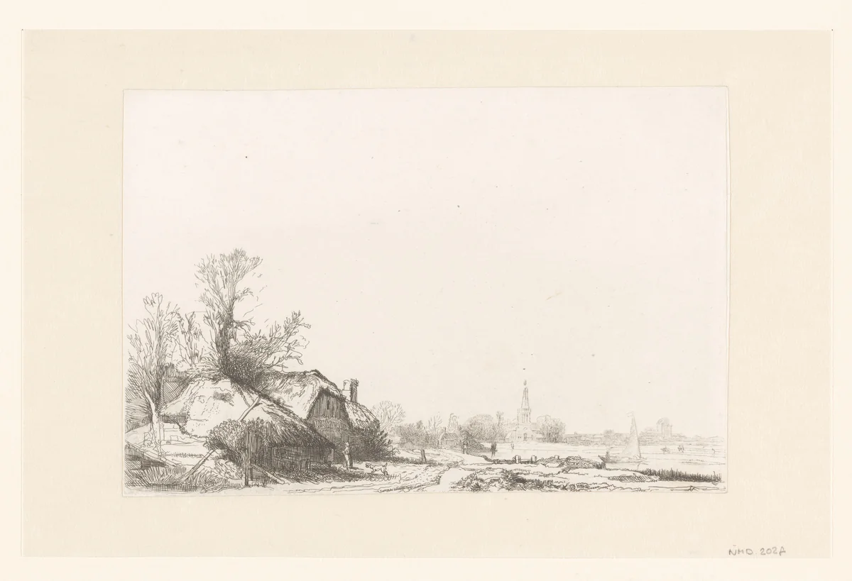 Cottage beside a canal with a view of Ouderkerk by William Young Ottley, print, 1828