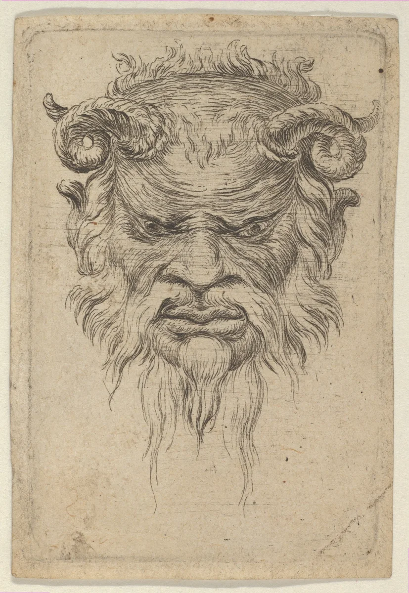 Satyr Mask with Curled Horns Looking Down, from "Divers Masques" by François Chauveau, print, 1630-1650