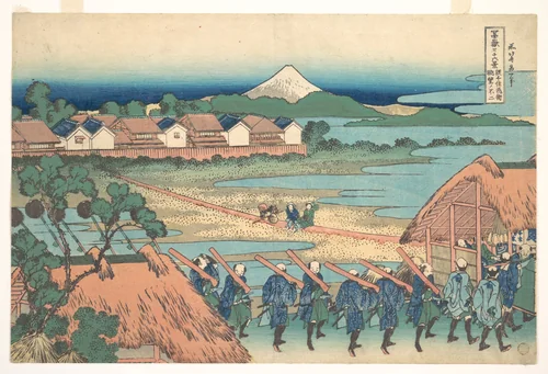 Fuji Seen in the Distance from Senju Pleasure Quarter (Senju kagai yori chōbō no Fuji), from the series Thirty-six Views of Mount Fuji (Fugaku sanjūrokkei) by Katsushika Hokusai (葛飾 北斎), print, 1820-1842