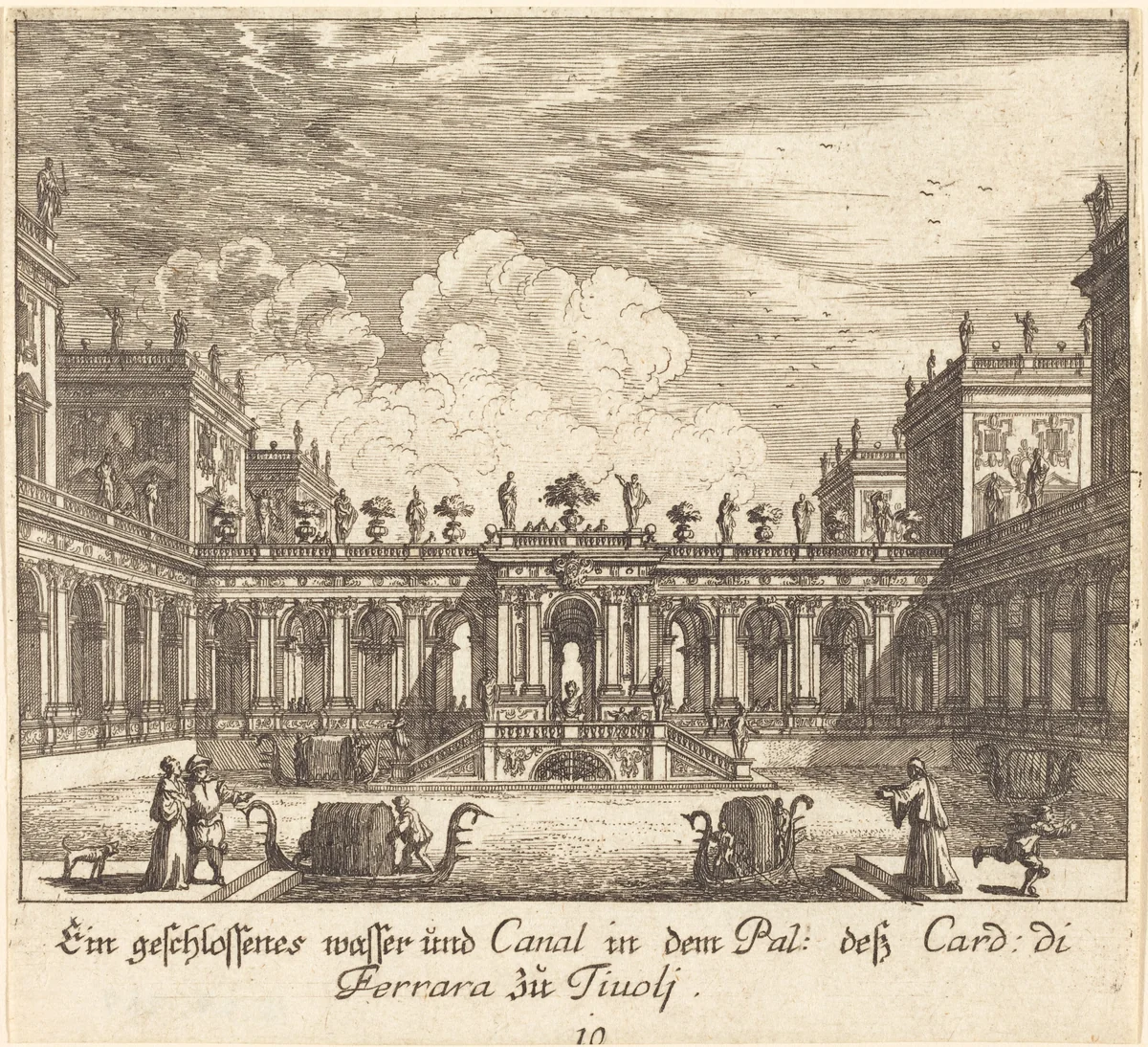 Palace and Canal, Cardinal di Ferrara, Tivoli by Melchior Küsel; Johann Wilhelm Baur, print, 1681