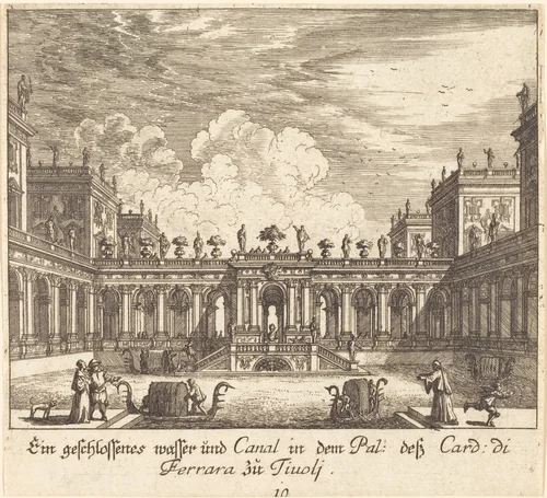 Palace and Canal, Cardinal di Ferrara, Tivoli by Melchior Küsel; Johann Wilhelm Baur, print, 1681