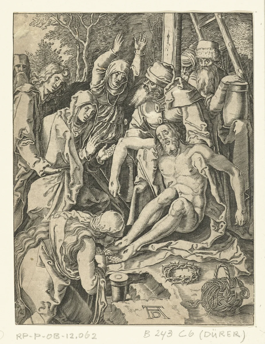 Bewening van dode Christus door familie en vrienden by anonymous, print, 1510-1699