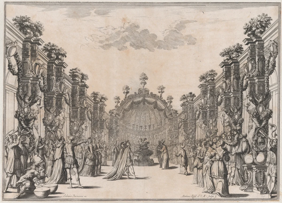 A large group gathered in a courtyard before a domed structure; musicians play at left; set design from 'Il Fuoco Eterno' by Mathäus Küsel, print, 1674