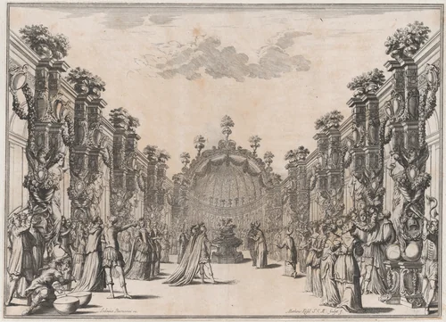 A large group gathered in a courtyard before a domed structure; musicians play at left; set design from 'Il Fuoco Eterno' by Mathäus Küsel, print, 1674