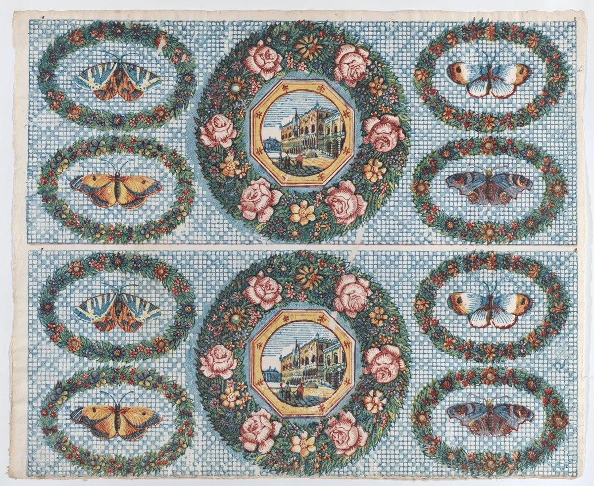 Sheet with two borders with landscapes and moths within wreaths by anonymous, print, 1775-1875