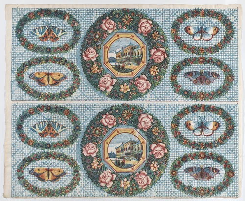 Sheet with two borders with landscapes and moths within wreaths by anonymous, print, 1775-1875
