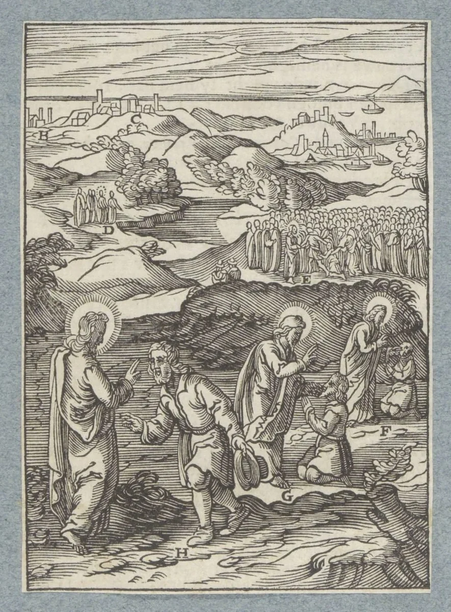 Christus geneest een dove man die gebrekkig sprak by Christoffel van Sichem, print, 1629