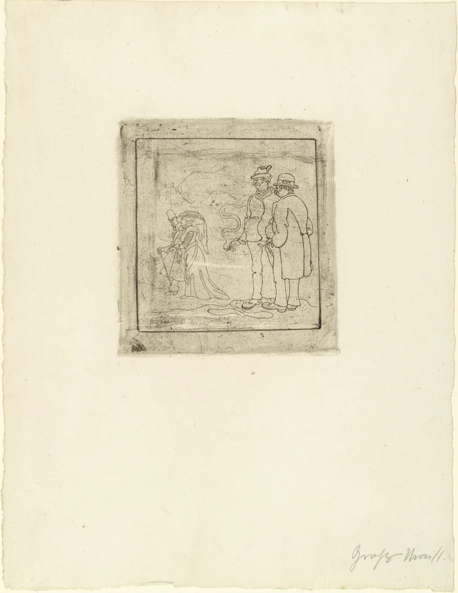 Two Men Watching a Couple (Zwei Männer in Betrachtung eines Paares) by George Grosz, print, 1911