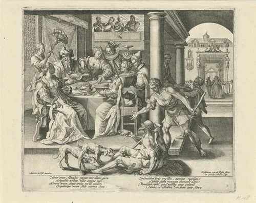 Lazarus bedelt in het huis van de rijke man by Unknown, print, 1589-1611