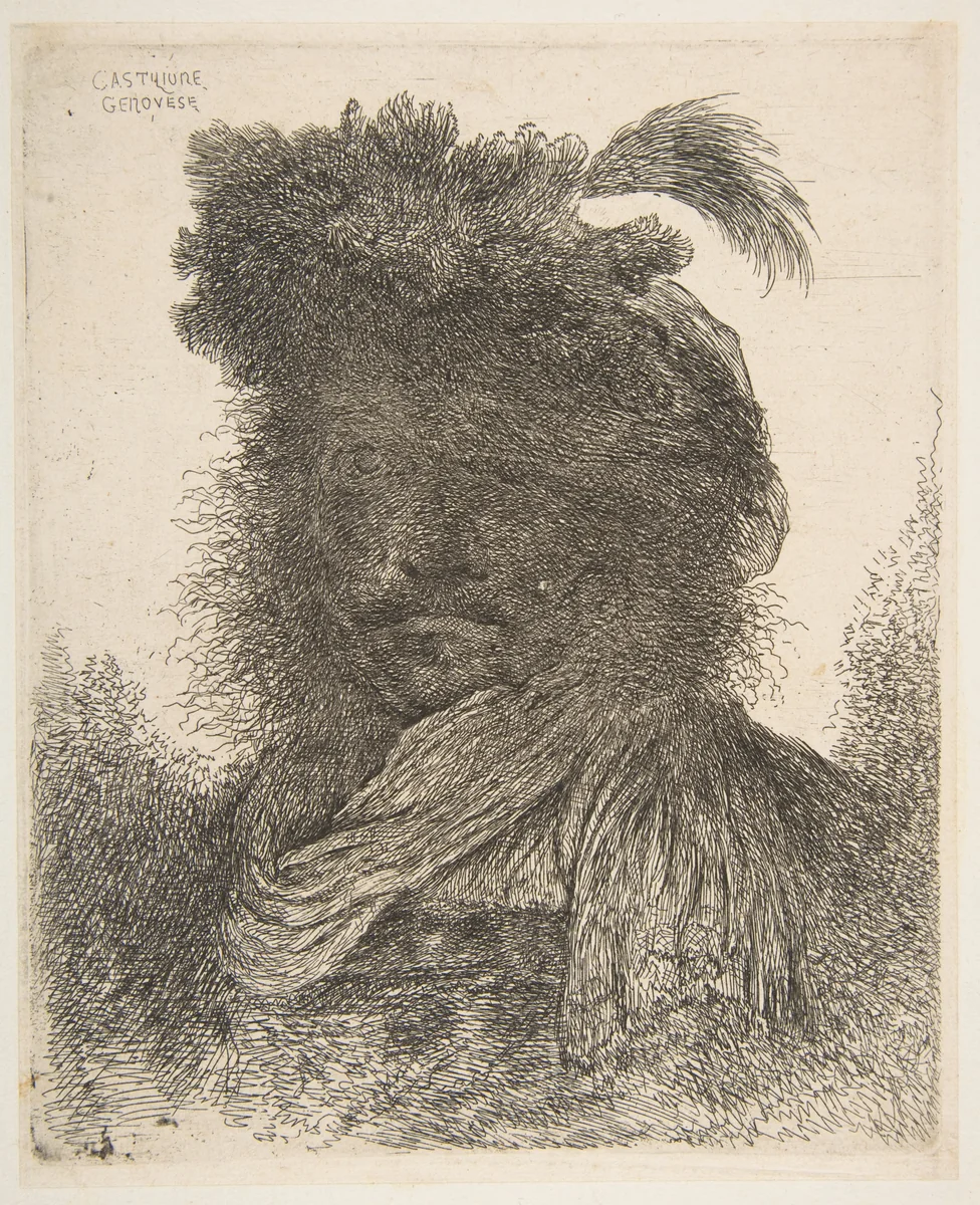 Head of a man in shadow turned slightly to the left, from "Large Oriental Heads" by Giovanni Benedetto Castiglione, print, 1640-1650