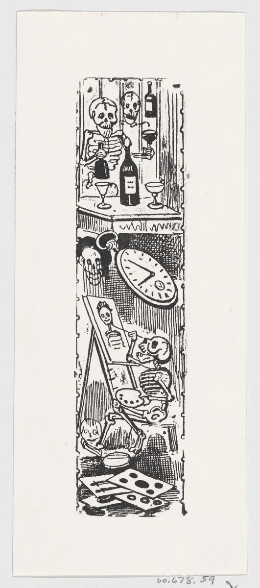 A skeleton painting and another skeleton holding a bottle of liquor, from a broadside entitled 'Aqui esta la calavera del editor popular' by José Guadalupe Posada, print, 1875-1885