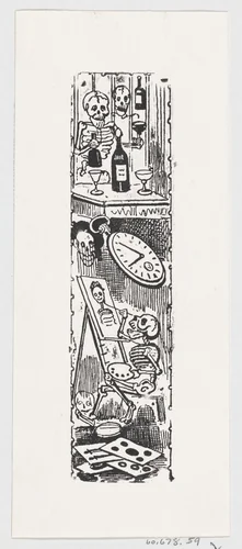 A skeleton painting and another skeleton holding a bottle of liquor, from a broadside entitled 'Aqui esta la calavera del editor popular' by José Guadalupe Posada, print, 1875-1885