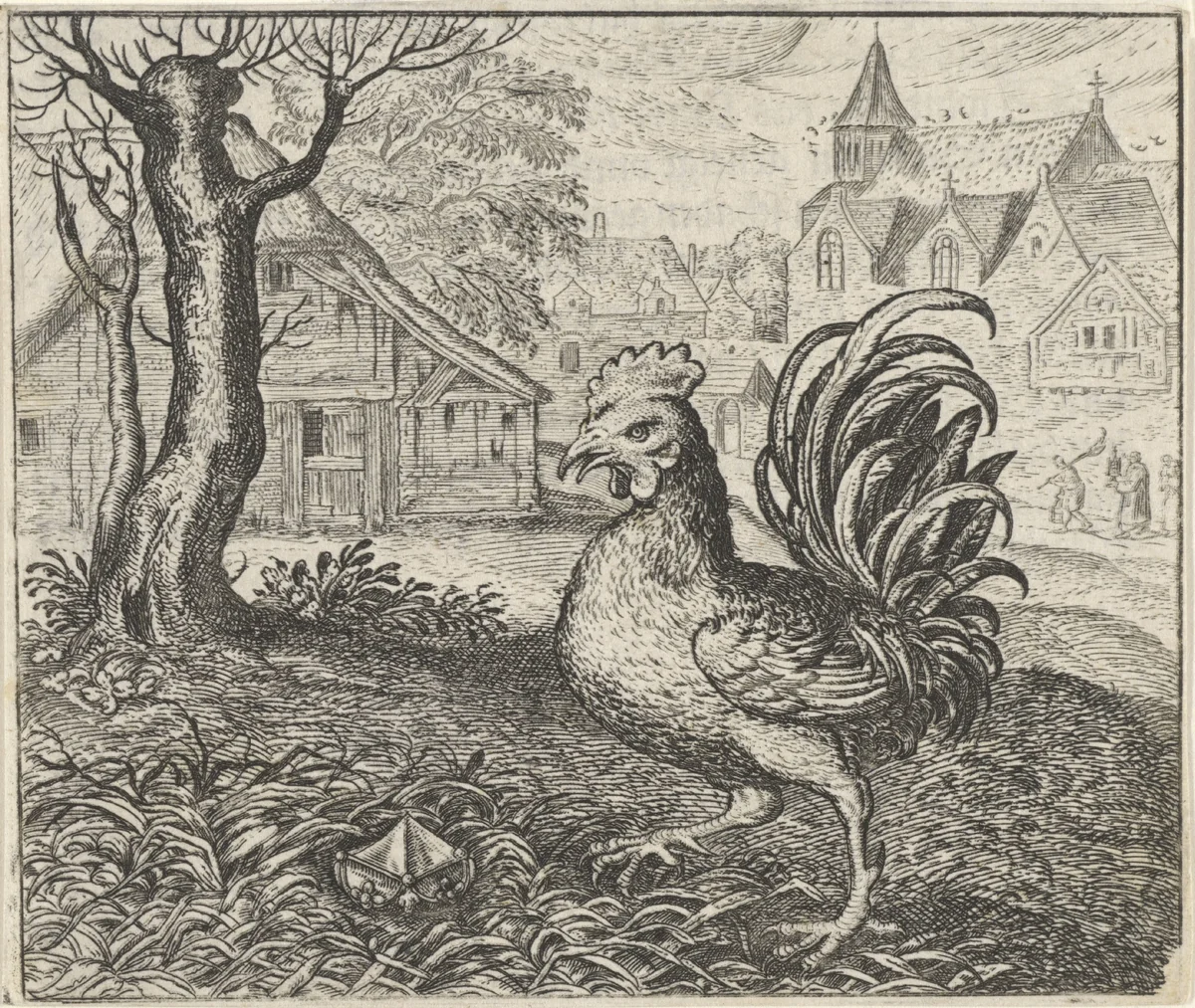Fabel van de haan en de diamant by Aegidius Sadeler, print, 1608