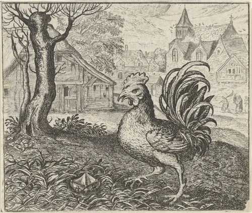 Fabel van de haan en de diamant by Aegidius Sadeler, print, 1608