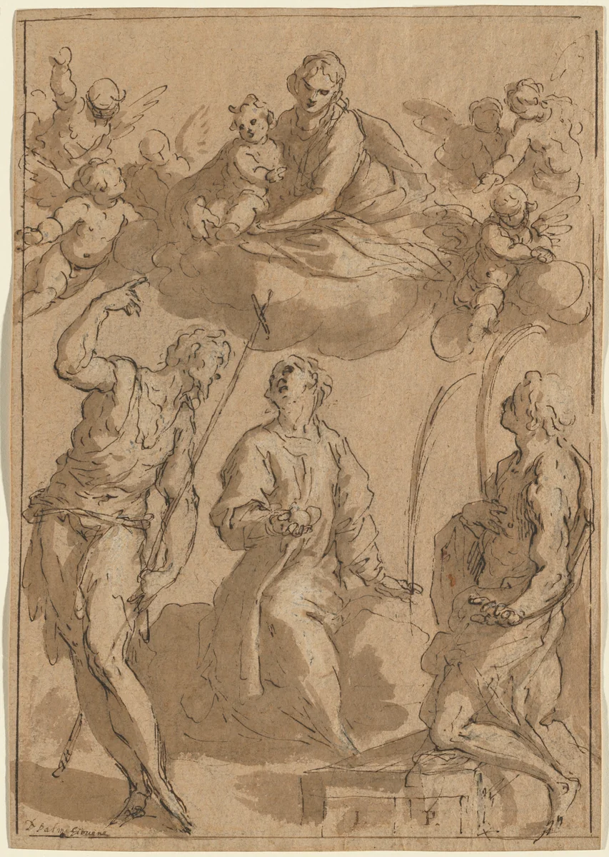 Madonna and Child in Glory with Saints John the Baptist, Stephen, and Lawrence by Jacopo Palma il Giovane, drawing, 1620-1628