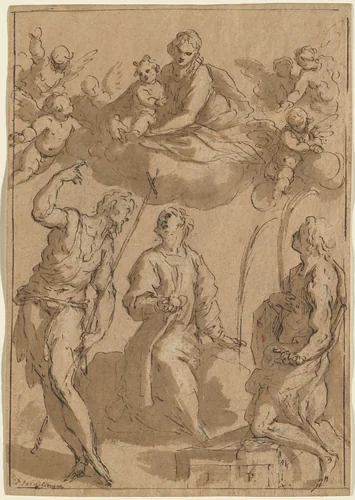 Madonna and Child in Glory with Saints John the Baptist, Stephen, and Lawrence by Jacopo Palma il Giovane, drawing, 1620-1628