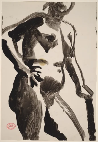 Untitled [female nude leaning on her left arm and holding her right arm akimbo] by Richard Diebenkorn, drawing, 1955-1967