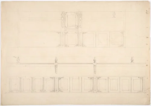 Paneling and Benches (Verso: sketch of a Desk) by anonymous, drawing, 1825-1835