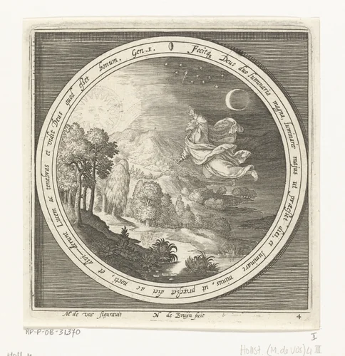 Vierde dag van schepping: God schept de zon, maan en sterren by Unknown, print, 1581-1656