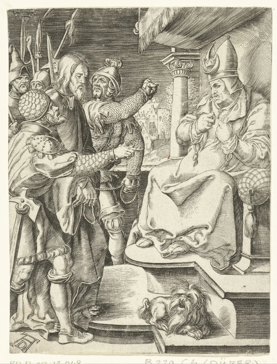 Christus voor Kajafas by anonymous, print, 1510-1699