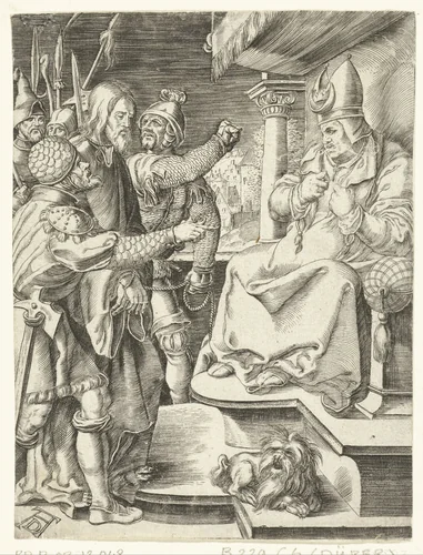 Christus voor Kajafas by anonymous, print, 1510-1699