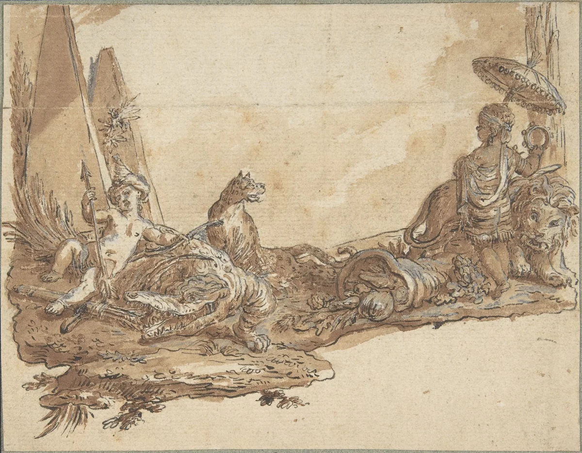 Allegories of Africa and America by Claude Louis Desrais, drawing, 1760-1816