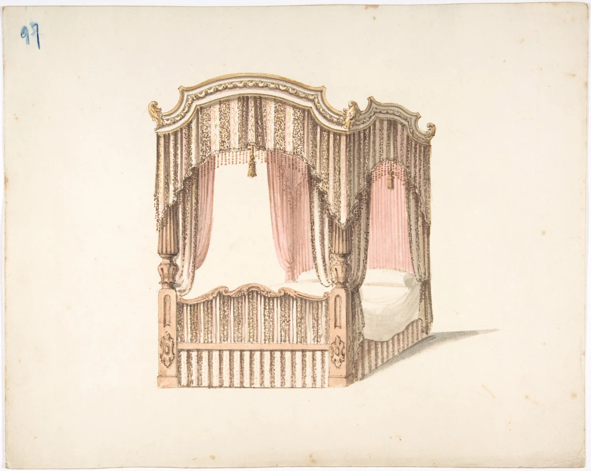 Design for a Curtained Four Poster Bed with Brown, Pink and White Striped Curtains by anonymous, drawing, 1800-1850