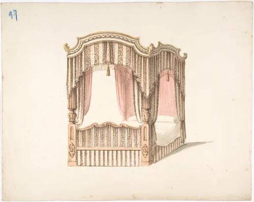 Design for a Curtained Four Poster Bed with Brown, Pink and White Striped Curtains by anonymous, drawing, 1800-1850