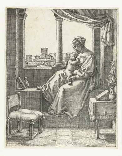 Madonna met kind aan borst zittend bij een raam by Barthel Beham, print, 1512-1540