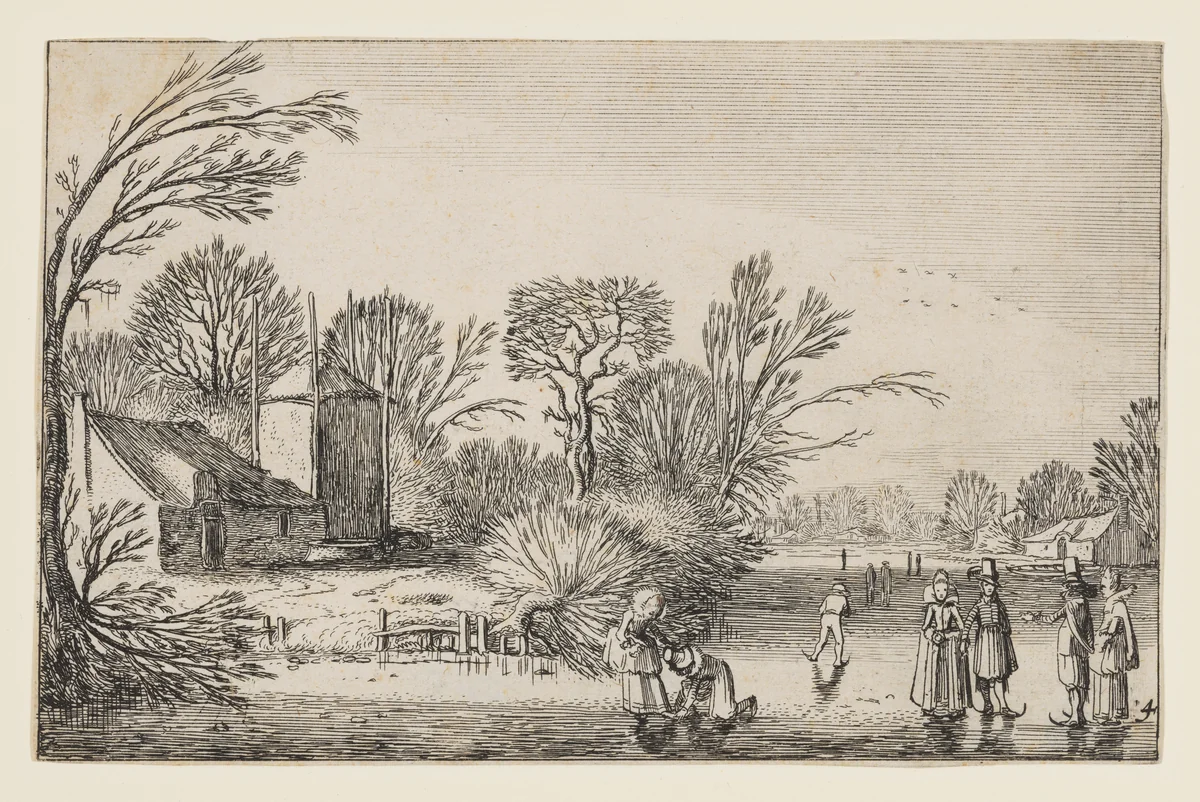 Winter Landscape with Skaters, from a series of 60 landscapes by Jan van de Velde, print, 1611-1621