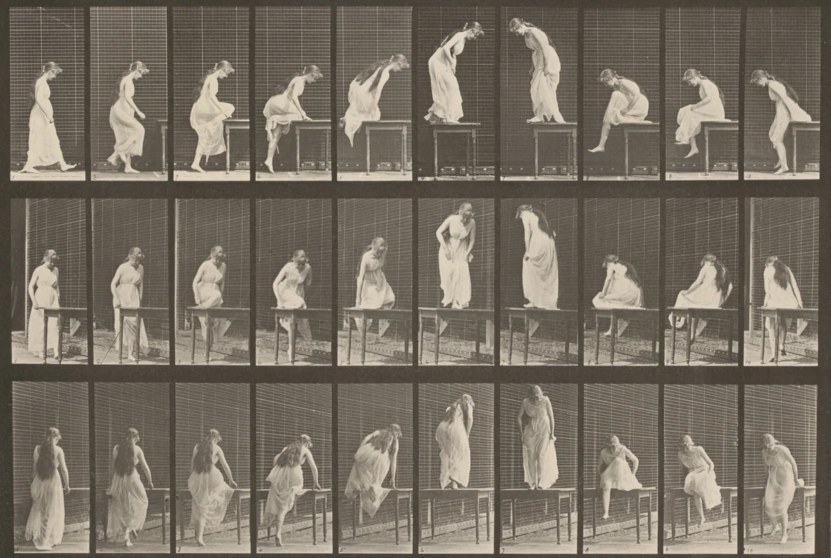 Plate Number 513. Getting on and off a table by Eadweard Muybridge, photograph, 1887