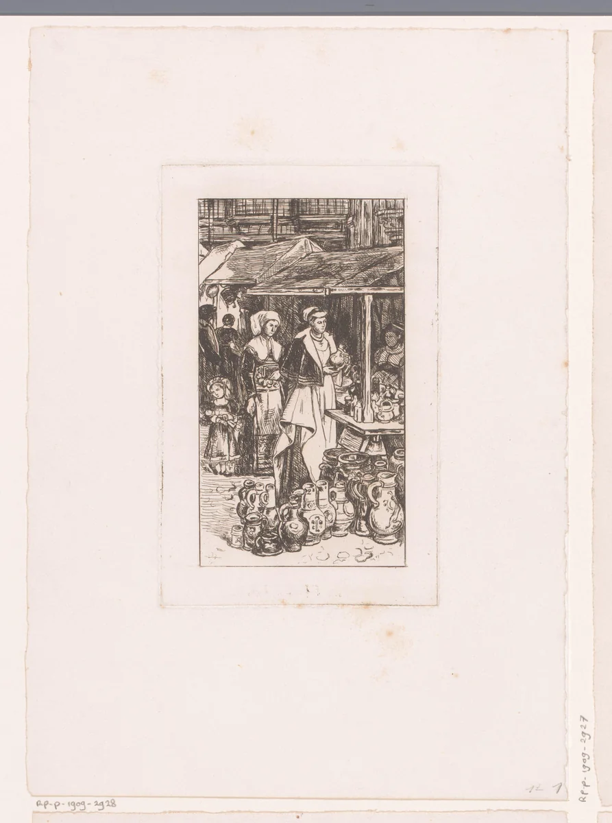 Twee vrouwen bij een marktkraam met keramiek by Théodore Joseph Cleynhens, print, 1851-1909
