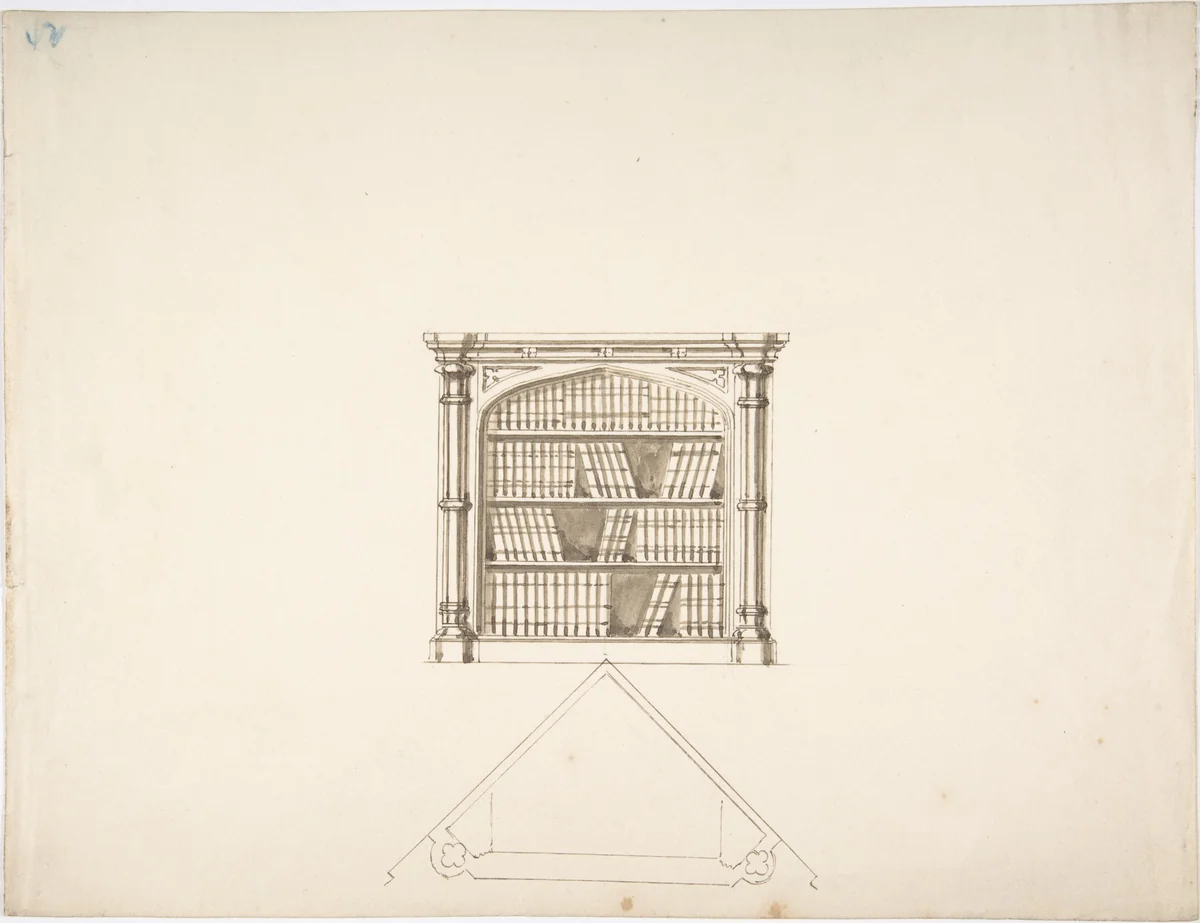 Design for a Gothic Style Corner Book Cabinet: Elevation and Plan by anonymous, drawing, 1800-1850