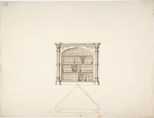 Design for a Gothic Style Corner Book Cabinet: Elevation and Plan by anonymous, drawing, 1800-1850