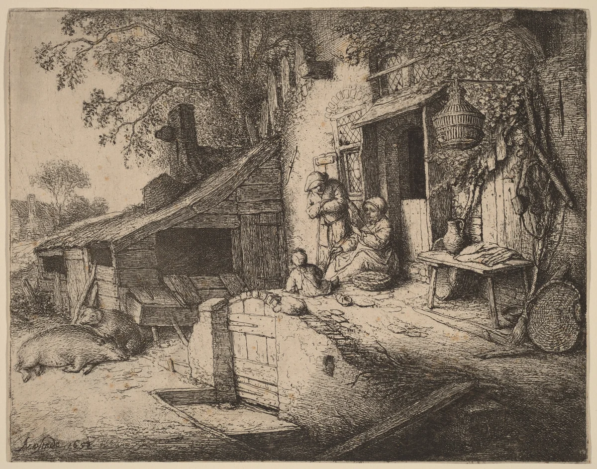 Farmstead wtih a Peasant Family Outside the Front Door, the Woman Spinning by Adriaen van Ostade, print, 1652