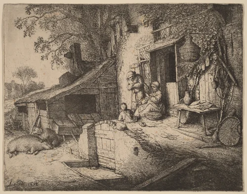 Farmstead wtih a Peasant Family Outside the Front Door, the Woman Spinning by Adriaen van Ostade, print, 1652