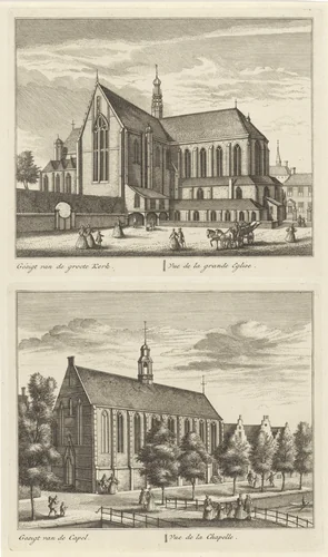 Twee gezichten op Alkmaar met de Grote Kerk en de Kapelkerk by Leonard Schenk, print, 1746