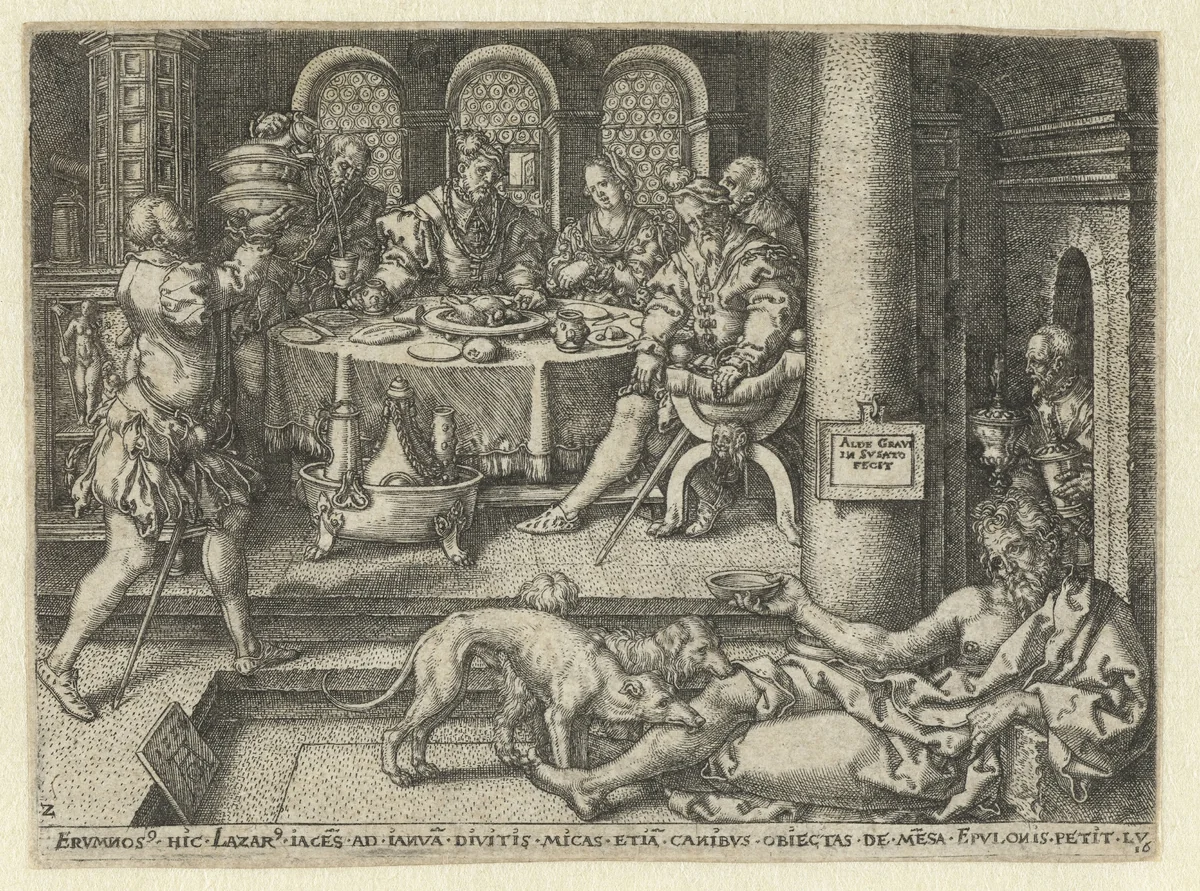 Lazarus bedelt aan de deur van de rijke man by Unknown, print, 1554