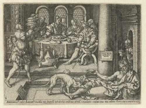 Lazarus bedelt aan de deur van de rijke man by Unknown, print, 1554