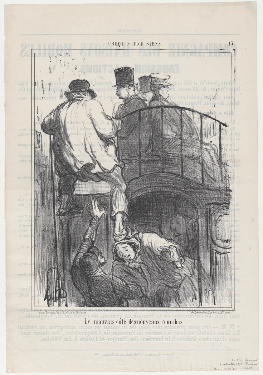 Le mauvais côté des nouveaux omnibus, from Croquis Parisiens, published in Le Charivari, September 4, 1856 by Honoré Daumier, print, 1856