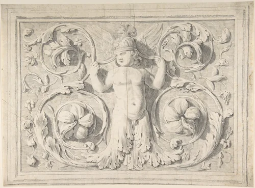 Antique Roman Sculpture with Nude Winged Boy at the Center and Leaves and Vines by Thomas Hardwick, drawing, 1776-1779