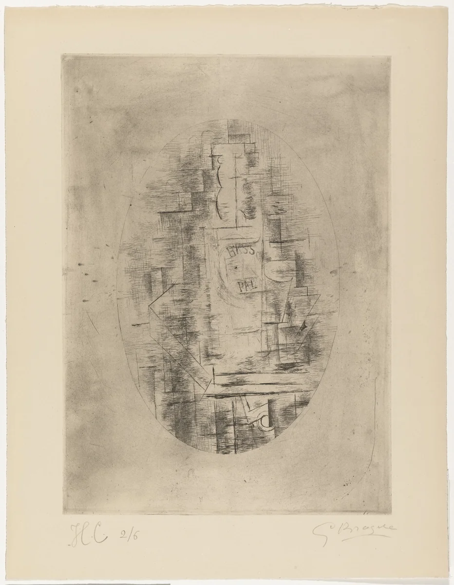 Pale Ale (Bottle of Bass and Glass on a Table) by Georges Braque, print, 1911