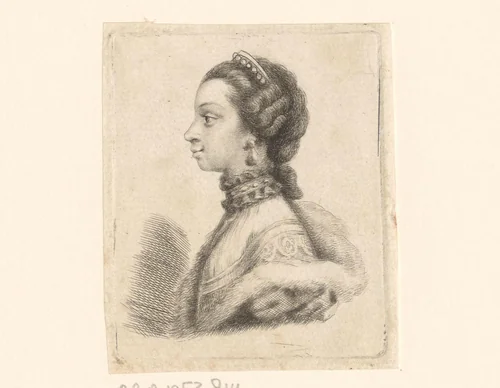 Portret van onbekende vrouw met parels in haar oor by Thomas Worlidge, print, 1710-1766
