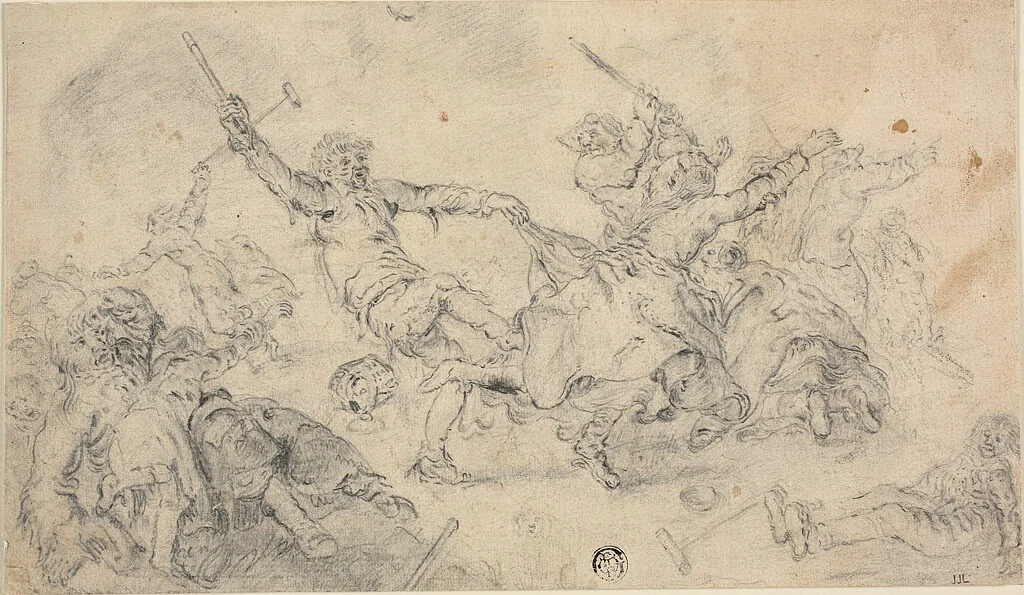 Peasants in a Brawl by Cornelis Moninckx or Adriaen Pietersz. van de Venne, drawing, 1643-1666